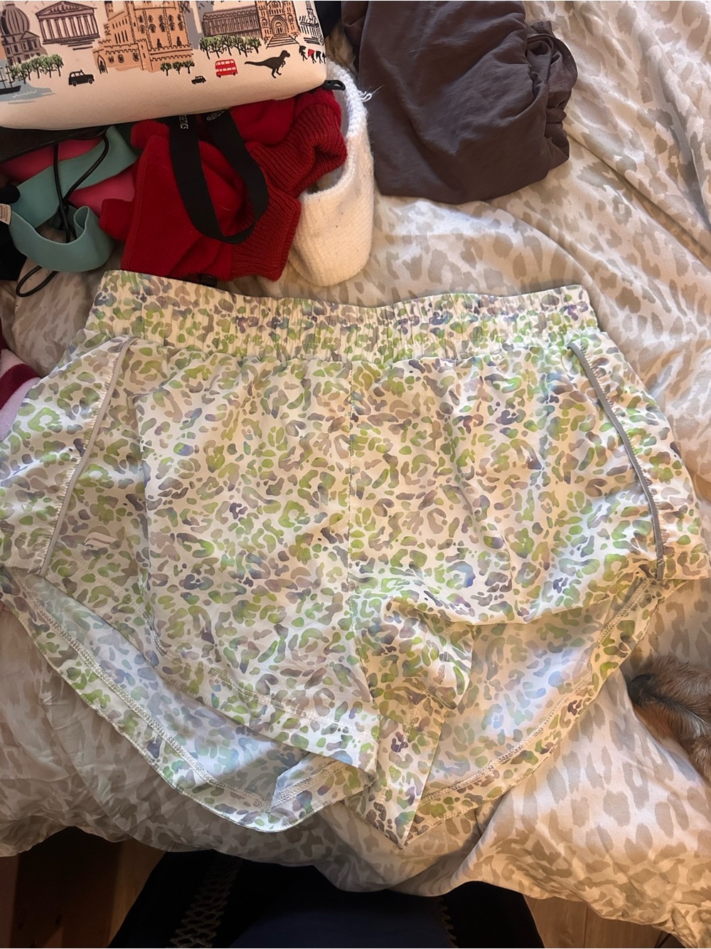Fabletics White Leopard-Print Pajama Shorts with Green Accents